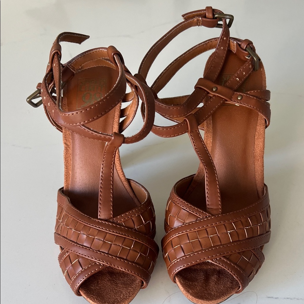 Speed Limit 98 Brown Woven Leather T-Strap Heels